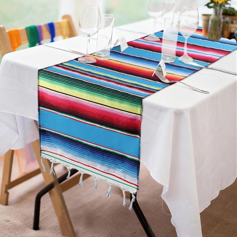 Fowecelt Mexican Serape Table Runner 14 x 84 Inch Hand-Woven Blanket Colorful Striped Mexican Fringe Cotton Fiesta Table Runner for Outdoor Picnics Dining Party Wedding Decorations - Image 1